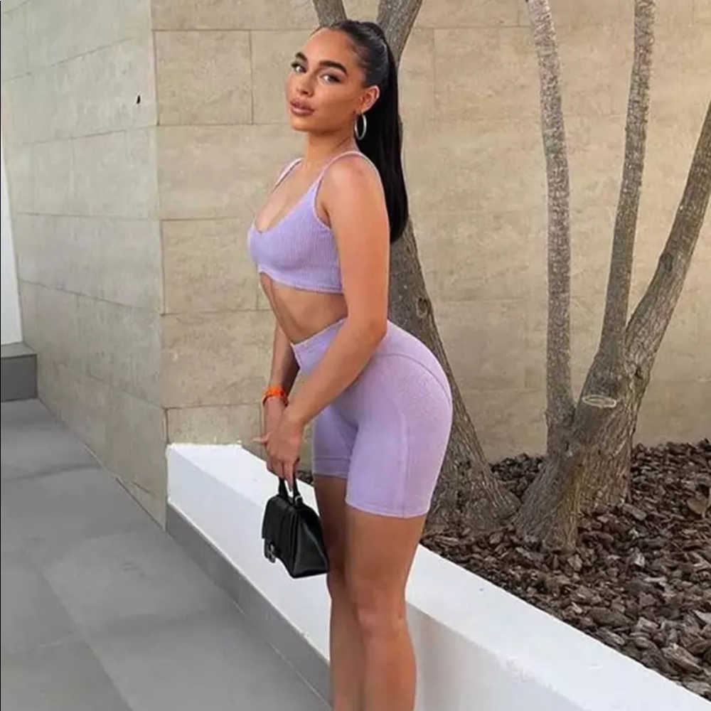 Lavender 2 Piece Set Rib Bra / High Waisted Fitted Short